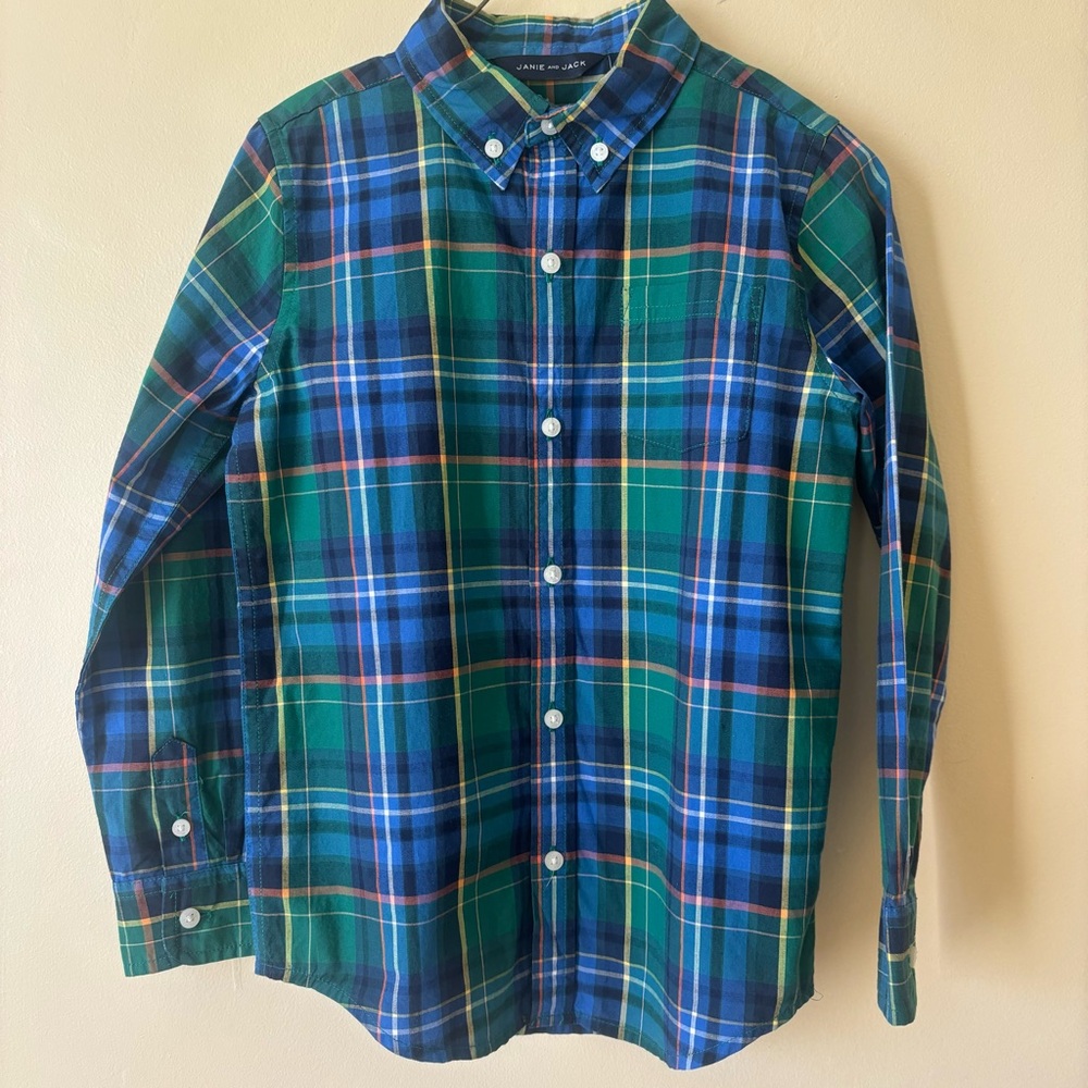 Janie & Jack Boys Green and Blue Plaid Shirt button up spring cotton size 6